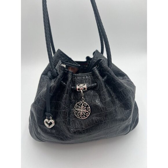 Brighton Drawstring Charcoal Gray Faux Croc & Pebbled Leather with Silver Accent - Picture 1 of 14
